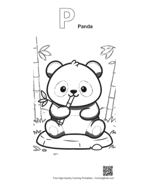 Thumbnail: Baby Panda Sitting and Eating a Fresh Bamboo Stick Printable Outline Alphabet P Panda