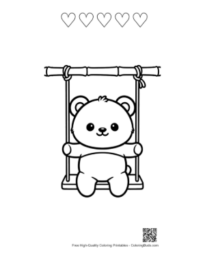 Thumbnail: Cute Baby Panda Sitting on a Wooden Swing Coloring Page Printable and 5 Heart Outline