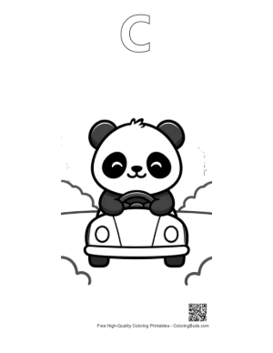 Thumbnail: Cute Panda Cub Sitting in a Toy Car Outdoors Printable Outline Alphabet C