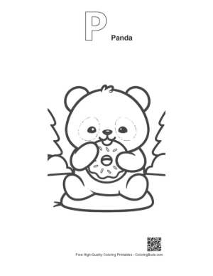 Thumbnail: Happy Baby Panda Holding a Sweet Glazed Donut Printable Outline Alphabet P Panda