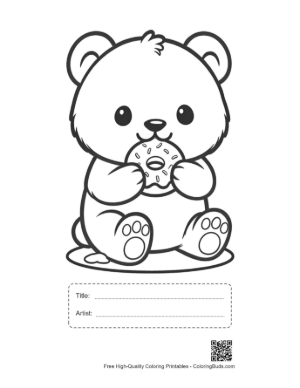 Thumbnail: Hungry Panda Cub Holding a Large Donut Coloring Sheet Printable with Title and Artist Box