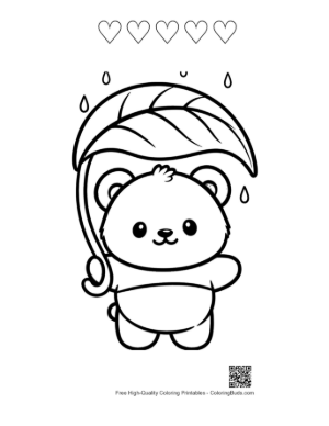 Thumbnail: Panda Cub Holding a Large Leaf as an Umbrella in Rain Printable and 5 Heart Outline