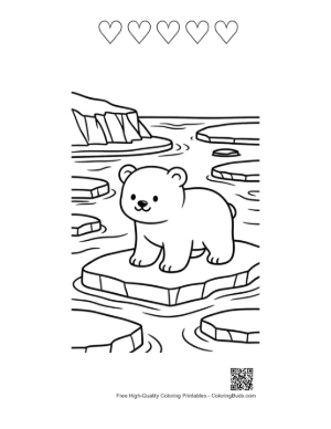 Thumbnail: Cute Baby Polar Bear Walking on Ice Coloring Page Printable and 5 Heart Outline