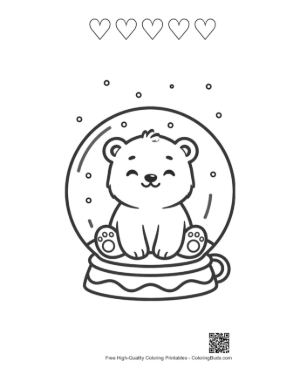 Thumbnail: Friendly Polar Bear Cub in a Snowy Crystal Ball Printable and 5 Heart Outline