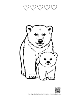 Thumbnail: Mother Polar Bear and Cute Cub Printable and 5 Heart Outline