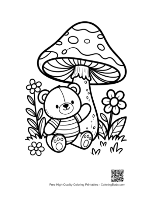 Thumbnail: Adorable Teddy Bear Standing by a Giant Mushroom Printable