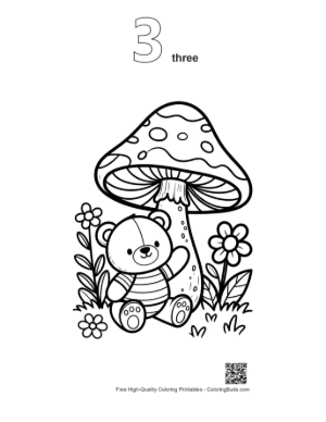 Thumbnail: Adorable Teddy Bear Standing by a Giant Mushroom Printable Outline Number 3