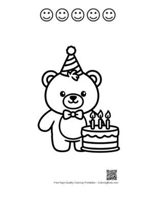 Thumbnail: Adorable Teddy Bear with a Birthday Cake and Candles Printable and 5 Happy Face Outline