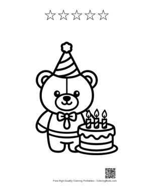 Thumbnail: Cheerful Teddy Bear Celebrating a Birthday with Cake Printable and 5 Star Outline