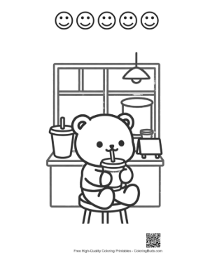 Thumbnail: Cute Teddy Bear Holding a Refreshing Bubble Tea Drink Printable and 5 Happy Face Outline