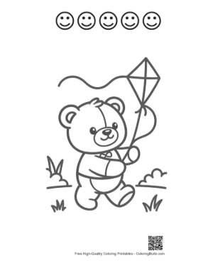 Thumbnail: Cute Teddy Bear Playing with a Kite Coloring Page Printable and 5 Happy Face Outline