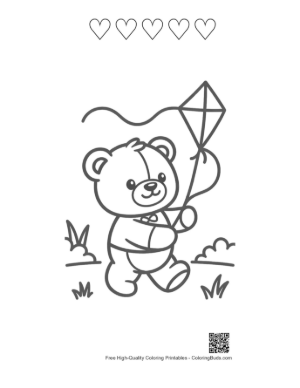Thumbnail: Cute Teddy Bear Playing with a Kite Coloring Page Printable and 5 Heart Outline