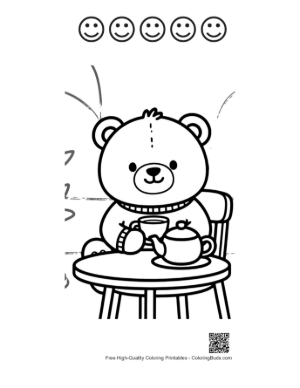 Thumbnail: Happy Teddy Bear Sitting at a Tea Table Illustration Printable and 5 Happy Face Outline
