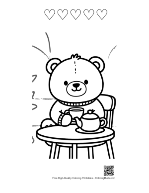Thumbnail: Happy Teddy Bear Sitting at a Tea Table Illustration Printable and 5 Heart Outline
