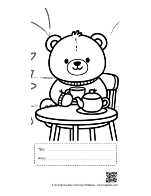 Thumbnail: Happy Teddy Bear Sitting at a Tea Table Illustration Printable with Title and Artist Box