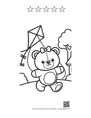 Thumbnail: Happy Teddy Bear Walking with a Kite Illustration Printable and 5 Star Outline