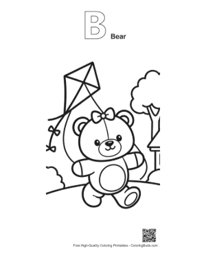 Thumbnail: Happy Teddy Bear Walking with a Kite Illustration Printable Outline Alphabet B Bear