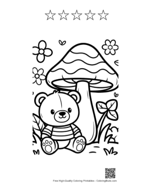 Thumbnail: Small Teddy Bear Exploring a Magical Mushroom Field Printable and 5 Star Outline