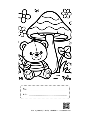 Thumbnail: Small Teddy Bear Exploring a Magical Mushroom Field Printable with Title and Artist Box