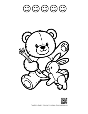 Thumbnail: Teddy Bear and Bunny with Stick Printable and 5 Happy Face Outline