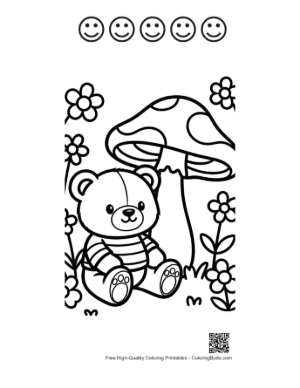 Thumbnail: Teddy Bear Sitting Under a Big Mushroom in the Garden Printable and 5 Happy Face Outline