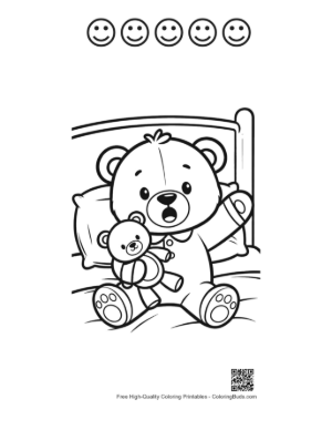 Thumbnail: Teddy Bear Waking Up in Bed with a Small Toy Printable and 5 Happy Face Outline