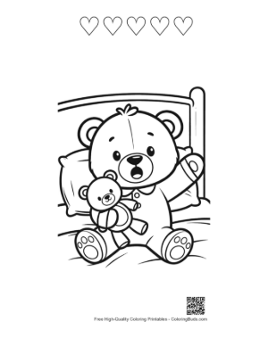 Thumbnail: Teddy Bear Waking Up in Bed with a Small Toy Printable and 5 Heart Outline