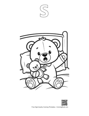 Thumbnail: Teddy Bear Waking Up in Bed with a Small Toy Printable Outline Alphabet S