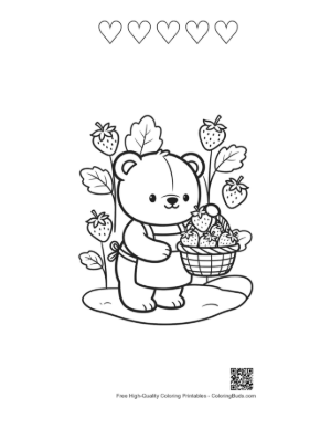 Thumbnail: Teddy Bear Wearing Overalls Picking Fresh Strawberries Printable and 5 Heart Outline