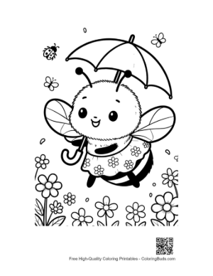 Thumbnail: Adorable Bee Character Walking with a Spotted Umbrella Printable