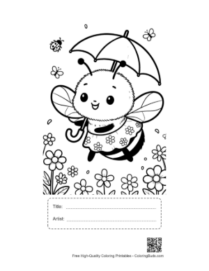 Thumbnail: Adorable Bee Character Walking with a Spotted Umbrella Printable with Title and Artist Box