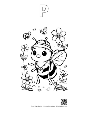 Thumbnail: Baby Honey Bee Wearing a Cute Hat in the Garden Printable Outline Alphabet P