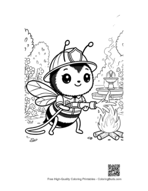 Thumbnail: Brave Bumble Bee Firefighter Wearing a Helmet by the Fire Printable