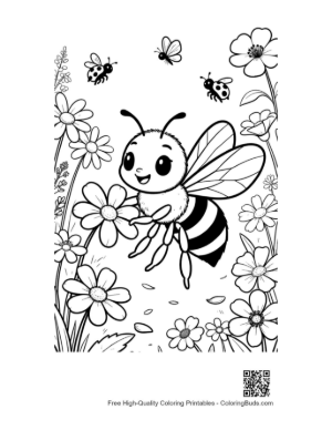 Thumbnail: Cheerful Honey Bee Flying in a Field of Flowers Printable