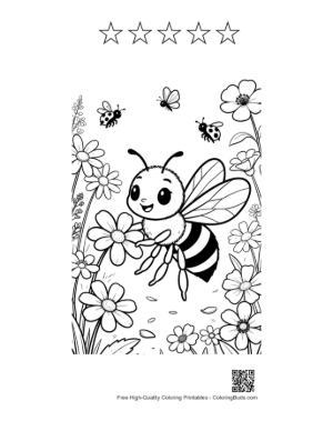 Thumbnail: Cheerful Honey Bee Flying in a Field of Flowers Printable and 5 Star Outline