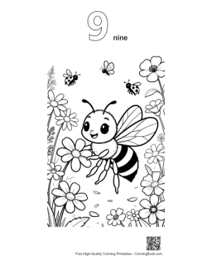 Thumbnail: Cheerful Honey Bee Flying in a Field of Flowers Printable Outline Number 9