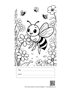 Thumbnail: Cheerful Honey Bee Flying in a Field of Flowers Printable with Title and Artist Box