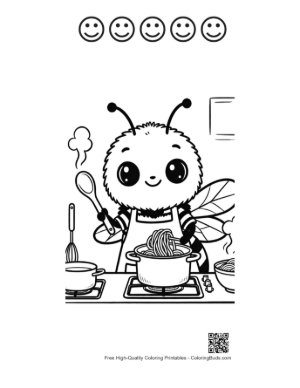 Thumbnail: Cute Baby Bumble Bee Cooking in the Kitchen Coloring Page Printable and 5 Happy Face Outline