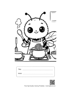 Thumbnail: Cute Baby Bumble Bee Cooking in the Kitchen Coloring Page Printable with Title and Artist Box