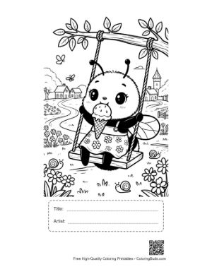 Thumbnail: Cute Bee Cub Sitting on a Swing with a Sweet Treat Printable with Title and Artist Box
