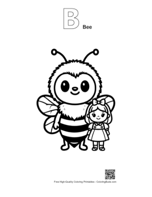 Thumbnail: Cute Bumblebee and Little Girl Hugging Printable Outline Alphabet B Bee