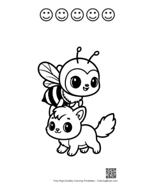 Thumbnail: Cute Honey Bee and Kitten Standing Together Printable and 5 Happy Face Outline