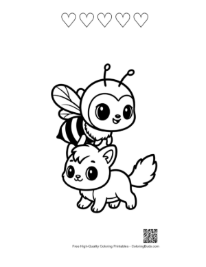 Thumbnail: Cute Honey Bee and Kitten Standing Together Printable and 5 Heart Outline
