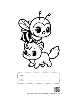 Thumbnail: Cute Honey Bee and Kitten Standing Together Printable with Title and Artist Box
