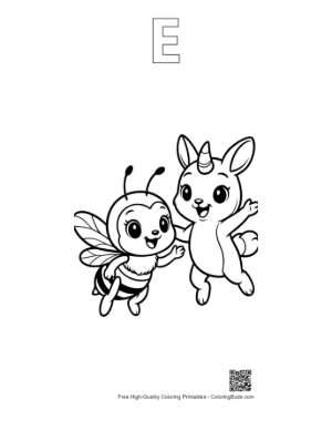 Thumbnail: Cute Honey Bee and Unicorn Bunny Friends Printable Outline Alphabet E