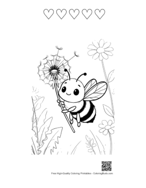 Thumbnail: Cute Honey Bee Holding a Fluffy Dandelion Flower Printable and 5 Heart Outline