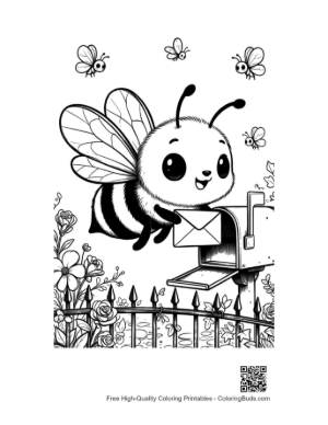 Thumbnail: Friendly Bee Delivering a Secret Message to a Birdhouse Printable