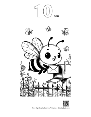 Thumbnail: Friendly Bee Delivering a Secret Message to a Birdhouse Printable Outline Number 10