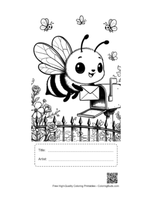 Thumbnail: Friendly Bee Delivering a Secret Message to a Birdhouse Printable with Title and Artist Box