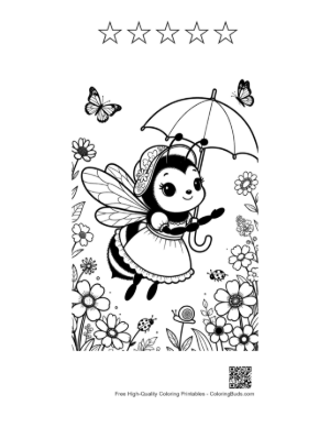 Thumbnail: Friendly Bumble Bee with an Umbrella Near Garden Flowers Printable and 5 Star Outline